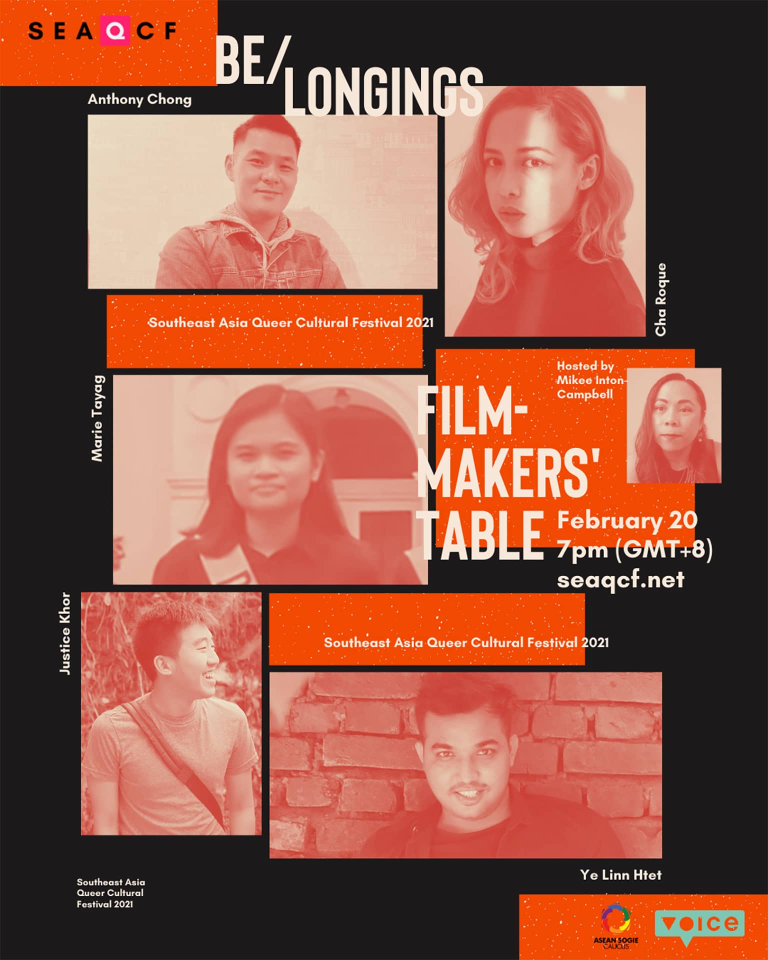 Filmmaker's Table, photo collage of Cha Roque, Anthony Chong, Marie Tayag, Justice Khor, Ye Linn Htet and Mikee Inton-Campbell